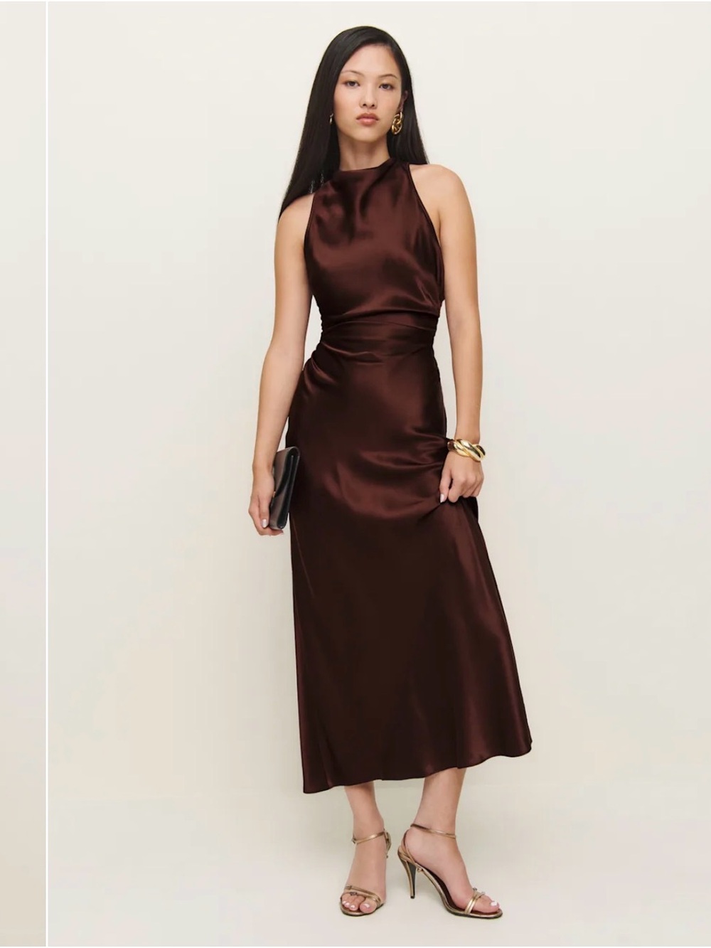 Reformation cassette dress One-Shoulder Silk Midi Dress in Chocolate Brown